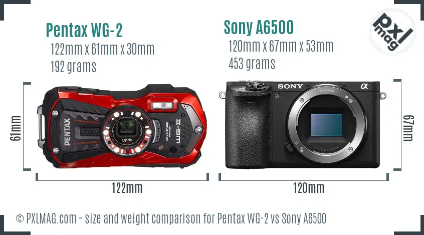 Pentax WG-2 vs Sony A6500 size comparison