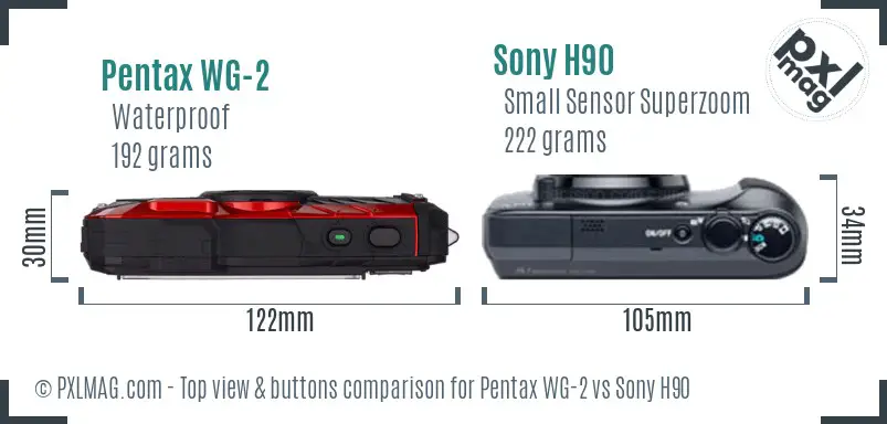 Pentax WG-2 vs Sony H90 top view buttons comparison Pentax WG-2 vs Sony H90 top view buttons comparison