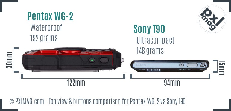 Pentax WG-2 vs Sony T90 top view buttons comparison