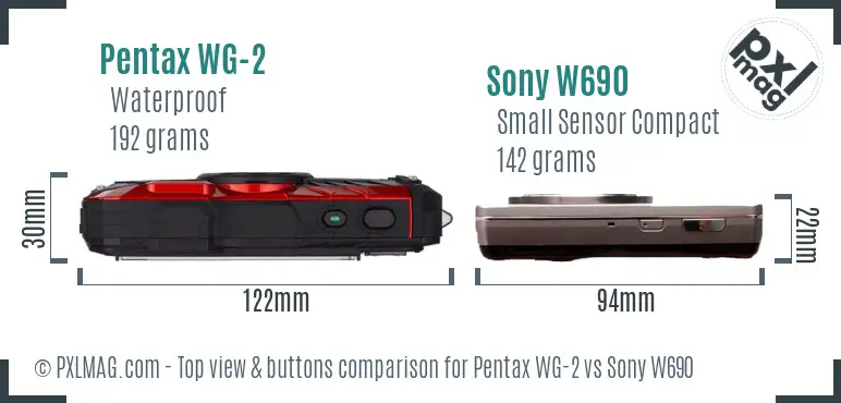 Pentax WG-2 vs Sony W690 top view buttons comparison Pentax WG-2 vs Sony W690 top view buttons comparison