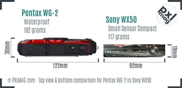 Pentax WG-2 vs Sony WX50 top view buttons comparison Pentax WG-2 vs Sony WX50 top view buttons comparison