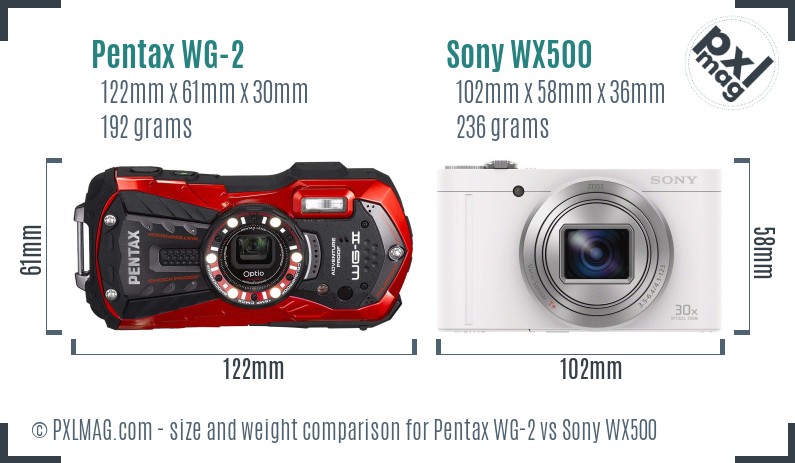 Pentax WG-2 vs Sony WX500 size comparison
