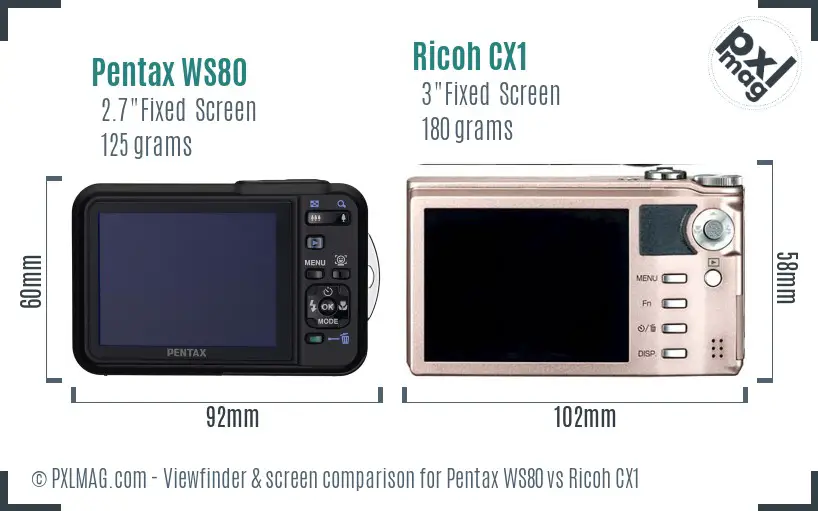 Pentax WS80 vs Ricoh CX1 Screen and Viewfinder comparison