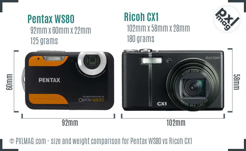 Pentax WS80 vs Ricoh CX1 size comparison