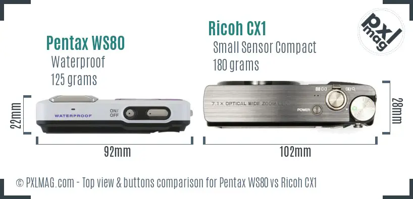 Pentax WS80 vs Ricoh CX1 top view buttons comparison