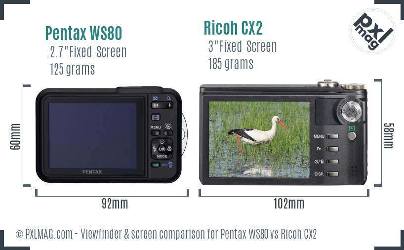 Pentax WS80 vs Ricoh CX2 Screen and Viewfinder comparison