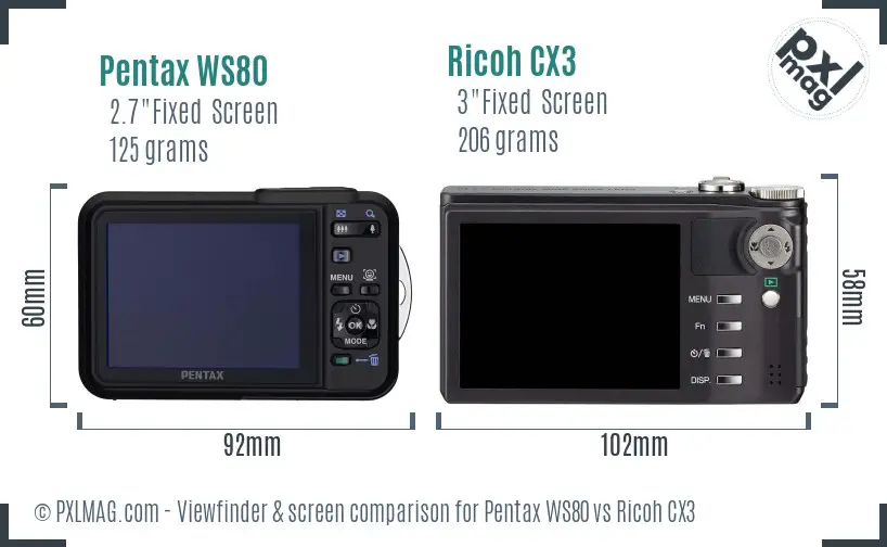 Pentax WS80 vs Ricoh CX3 Screen and Viewfinder comparison
