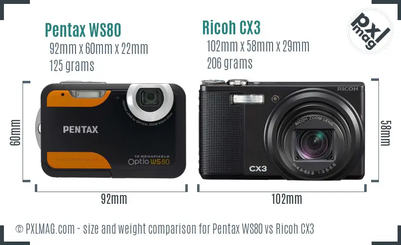 Pentax WS80 vs Ricoh CX3 size comparison