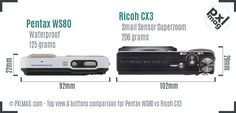 Pentax WS80 vs Ricoh CX3 top view buttons comparison