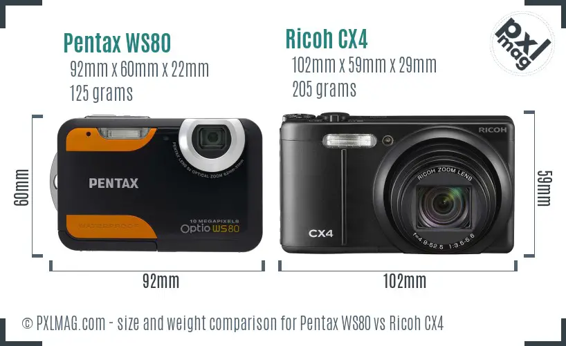 Pentax WS80 vs Ricoh CX4 size comparison