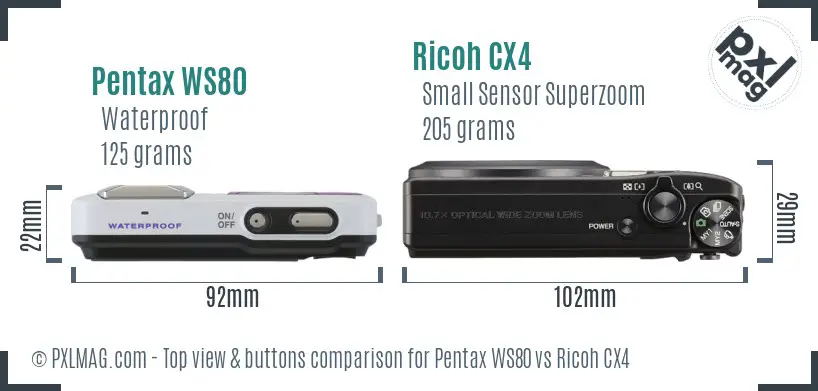 Pentax WS80 vs Ricoh CX4 top view buttons comparison