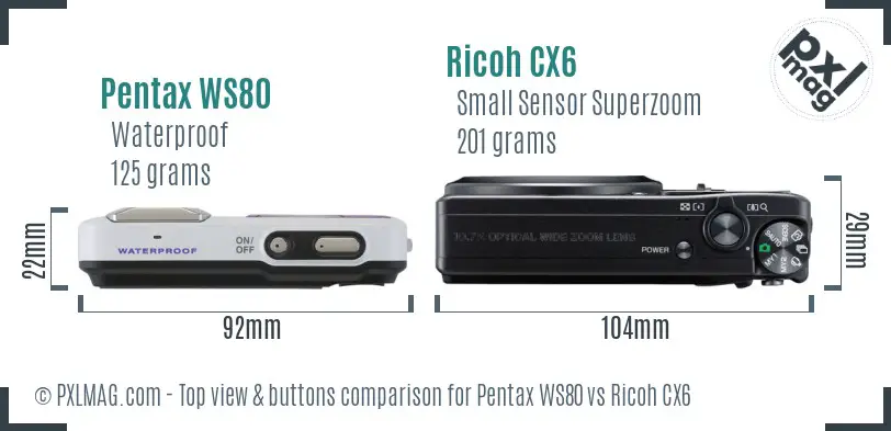 Pentax WS80 vs Ricoh CX6 top view buttons comparison Pentax WS80 vs Ricoh CX6 top view buttons comparison