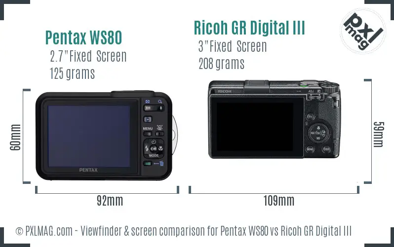 Pentax WS80 vs Ricoh GR Digital III Screen and Viewfinder comparison