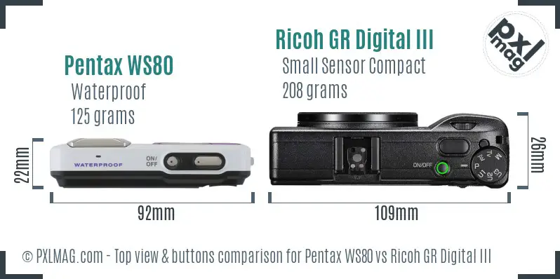 Pentax WS80 vs Ricoh GR Digital III top view buttons comparison