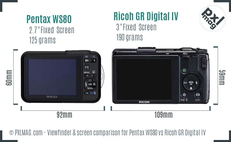 Pentax WS80 vs Ricoh GR Digital IV Screen and Viewfinder comparison
