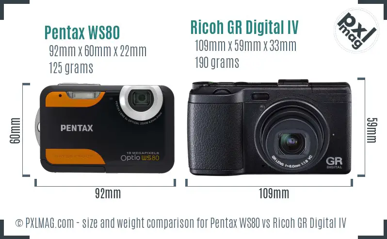 Pentax WS80 vs Ricoh GR Digital IV size comparison
