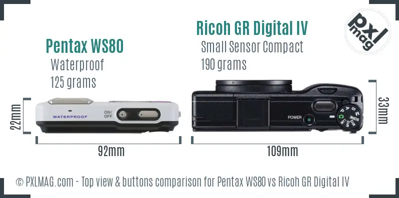 Pentax WS80 vs Ricoh GR Digital IV top view buttons comparison