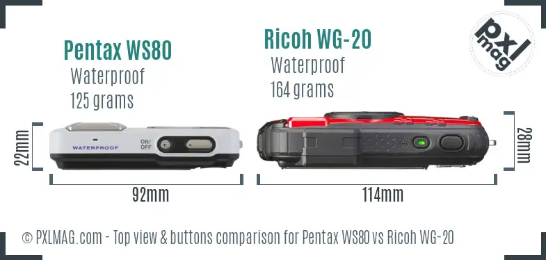 Pentax WS80 vs Ricoh WG-20 top view buttons comparison Pentax WS80 vs Ricoh WG-20 top view buttons comparison