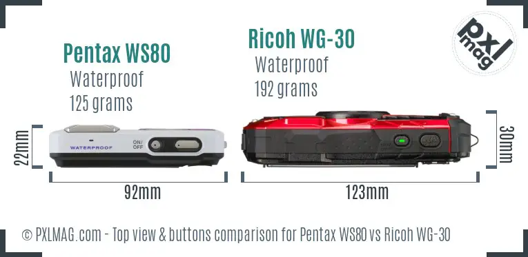 Pentax WS80 vs Ricoh WG-30 top view buttons comparison Pentax WS80 vs Ricoh WG-30 top view buttons comparison