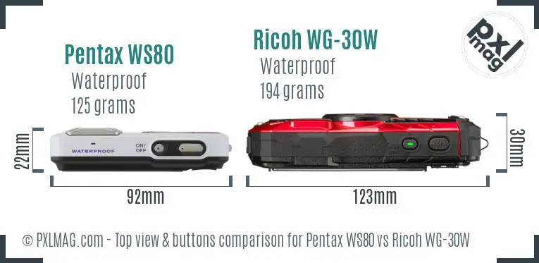 Pentax WS80 vs Ricoh WG-30W top view buttons comparison Pentax WS80 vs Ricoh WG-30W top view buttons comparison