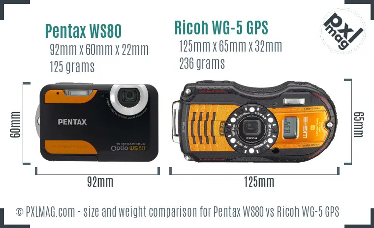 Pentax WS80 vs Ricoh WG-5 GPS size comparison