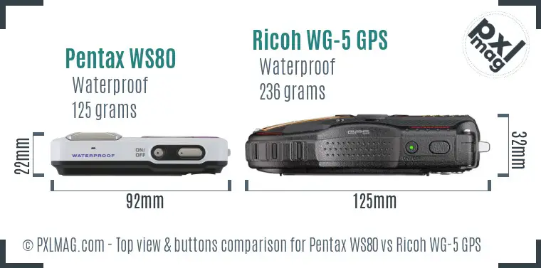 Pentax WS80 vs Ricoh WG-5 GPS top view buttons comparison