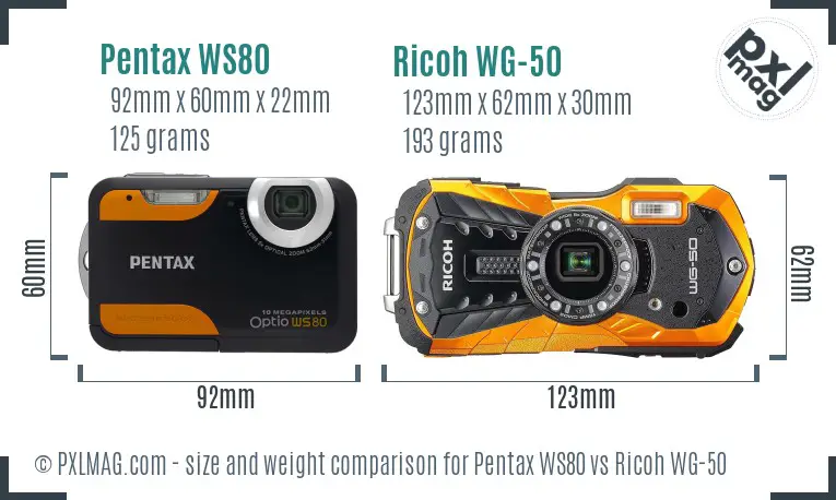 Pentax WS80 vs Ricoh WG-50 size comparison