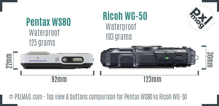 Pentax WS80 vs Ricoh WG-50 top view buttons comparison