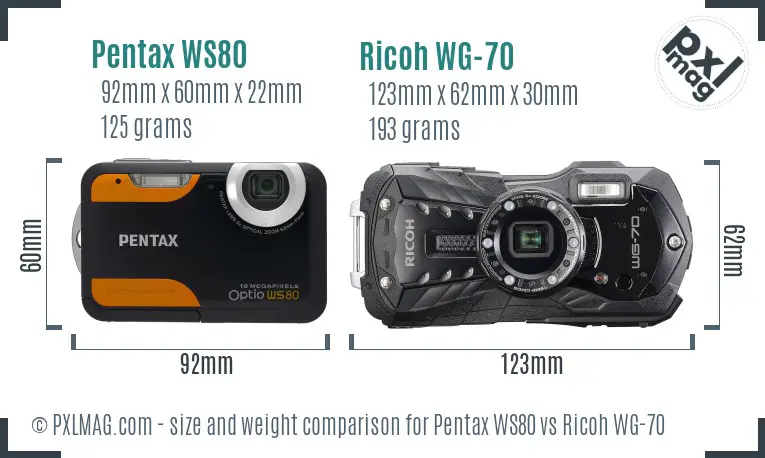 Pentax WS80 vs Ricoh WG-70 size comparison