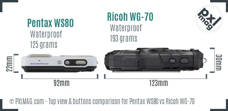 Pentax WS80 vs Ricoh WG-70 top view buttons comparison