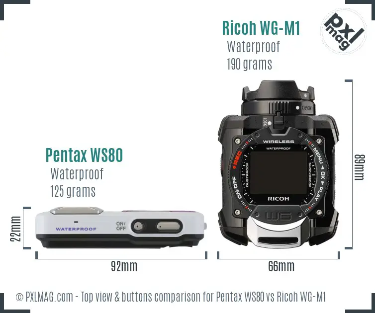 Pentax WS80 vs Ricoh WG-M1 top view buttons comparison