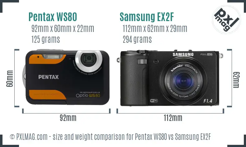 Pentax WS80 vs Samsung EX2F size comparison Pentax WS80 vs Samsung EX2F size comparison