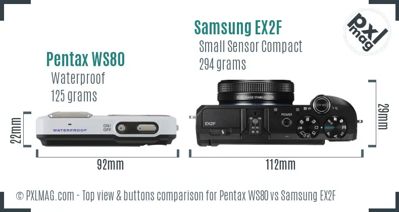 Pentax WS80 vs Samsung EX2F top view buttons comparison Pentax WS80 vs Samsung EX2F top view buttons comparison