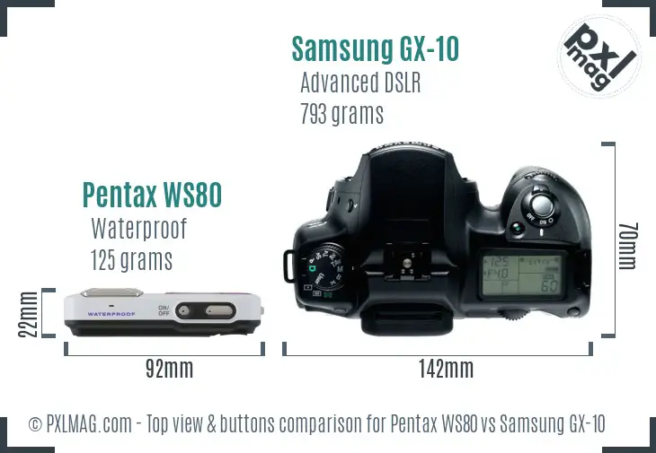 Pentax WS80 vs Samsung GX-10 top view buttons comparison Pentax WS80 vs Samsung GX-10 top view buttons comparison
