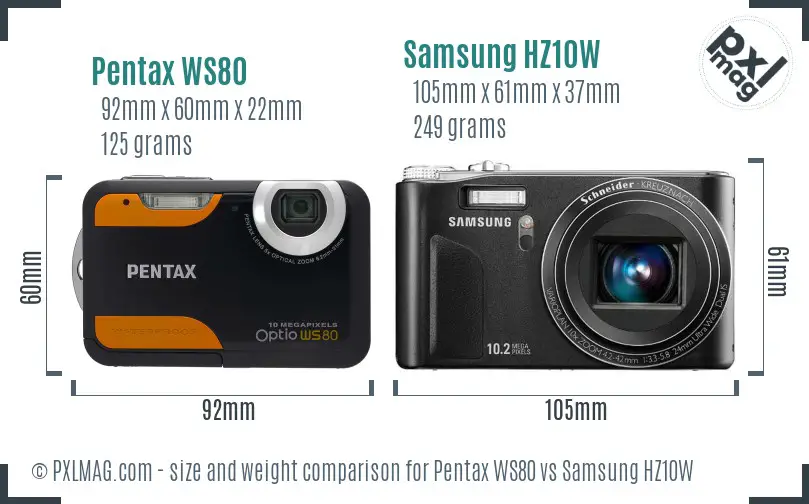 Pentax WS80 vs Samsung HZ10W size comparison