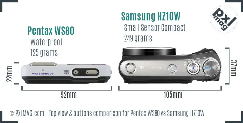 Pentax WS80 vs Samsung HZ10W top view buttons comparison