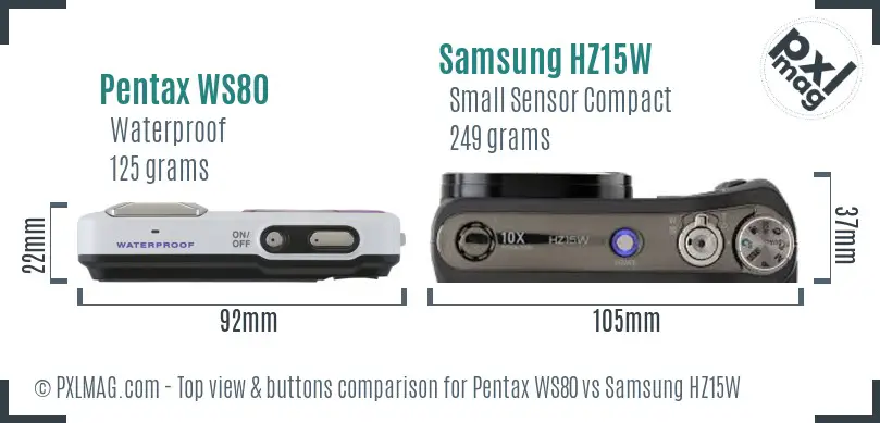 Pentax WS80 vs Samsung HZ15W top view buttons comparison Pentax WS80 vs Samsung HZ15W top view buttons comparison