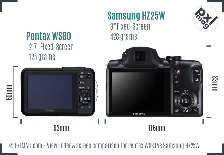 Pentax WS80 vs Samsung HZ25W Screen and Viewfinder comparison