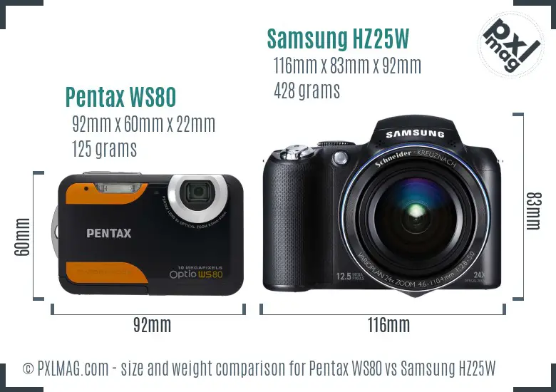 Pentax WS80 vs Samsung HZ25W size comparison