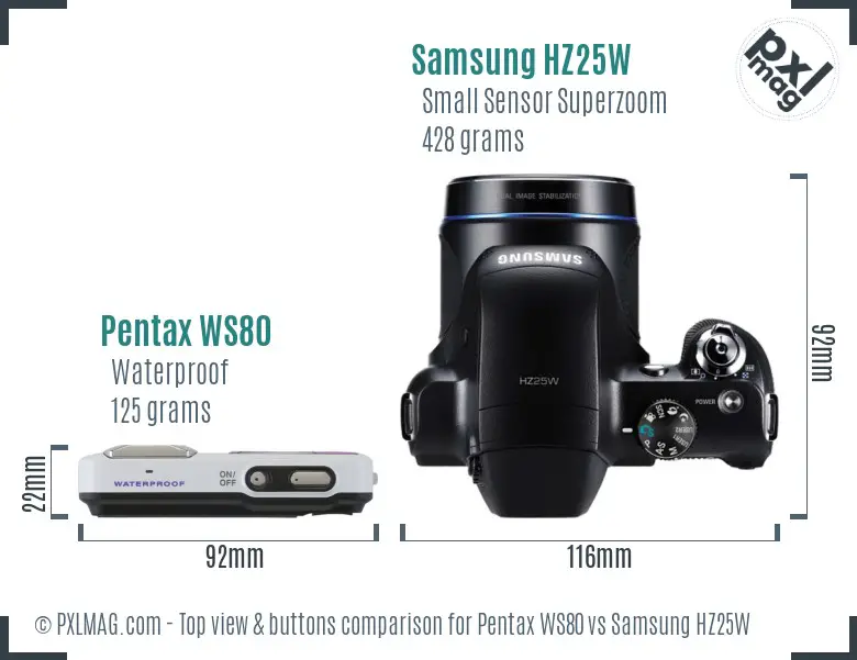 Pentax WS80 vs Samsung HZ25W top view buttons comparison