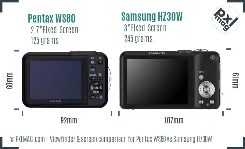 Pentax WS80 vs Samsung HZ30W Screen and Viewfinder comparison