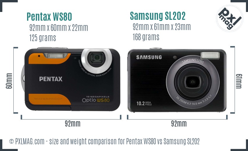 Pentax WS80 vs Samsung SL202 size comparison