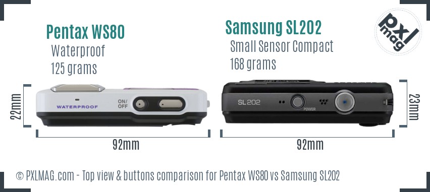 Pentax WS80 vs Samsung SL202 top view buttons comparison