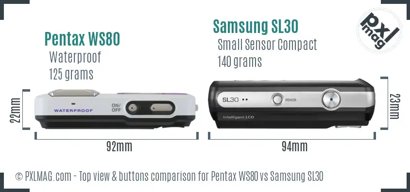 Pentax WS80 vs Samsung SL30 top view buttons comparison Pentax WS80 vs Samsung SL30 top view buttons comparison