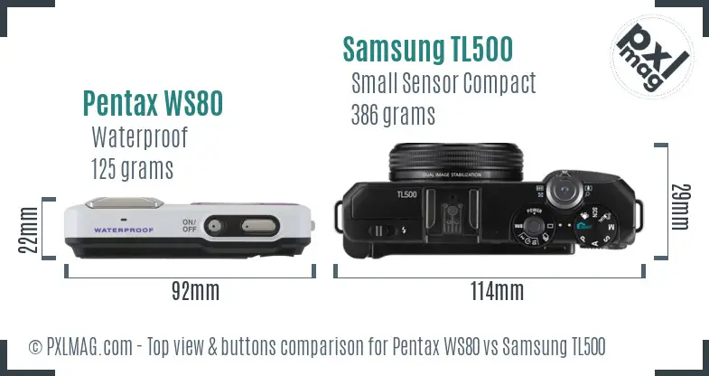 Pentax WS80 vs Samsung TL500 top view buttons comparison Pentax WS80 vs Samsung TL500 top view buttons comparison