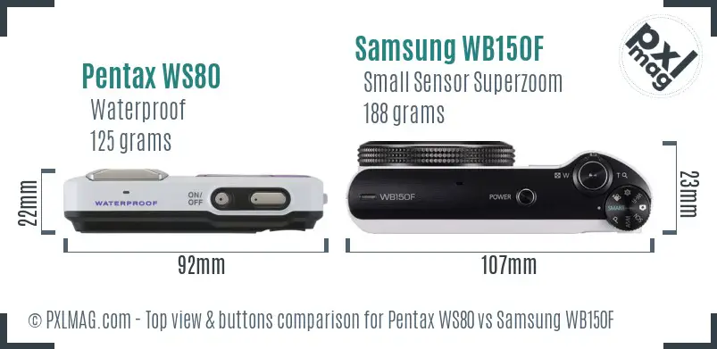 Pentax WS80 vs Samsung WB150F top view buttons comparison