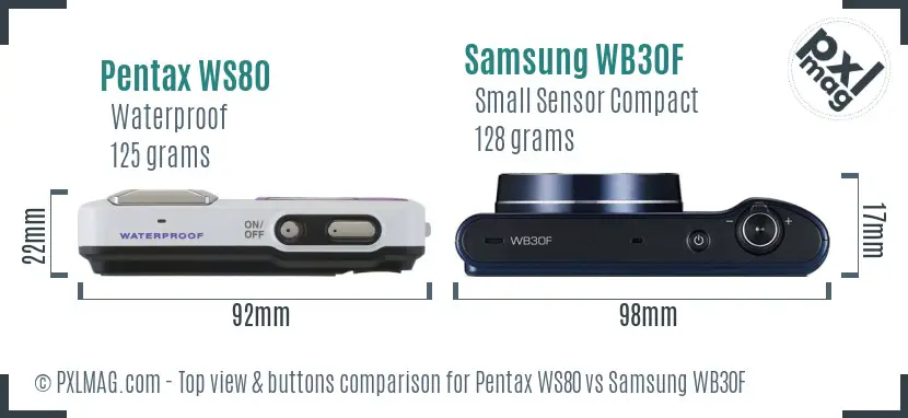 Pentax WS80 vs Samsung WB30F top view buttons comparison Pentax WS80 vs Samsung WB30F top view buttons comparison