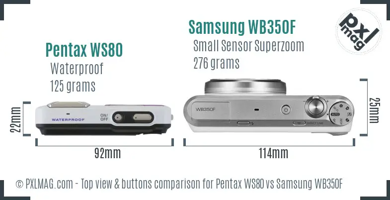 Pentax WS80 vs Samsung WB350F top view buttons comparison