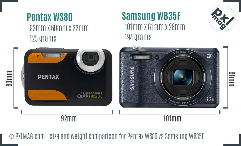 Pentax WS80 vs Samsung WB35F size comparison