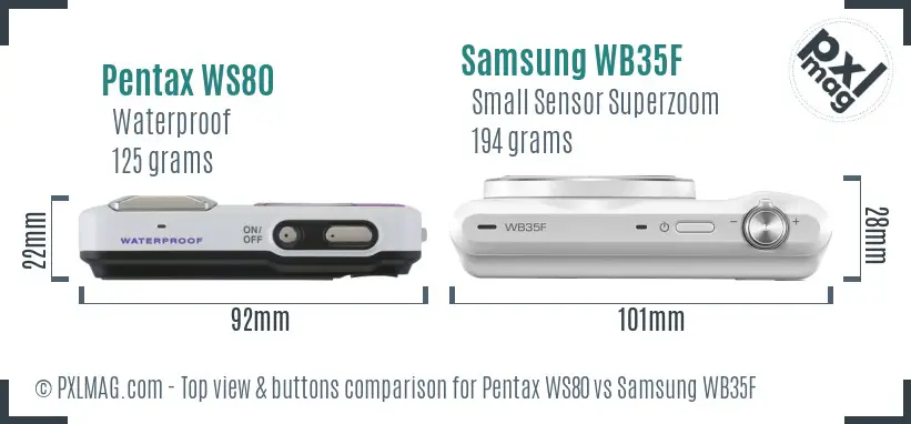 Pentax WS80 vs Samsung WB35F top view buttons comparison